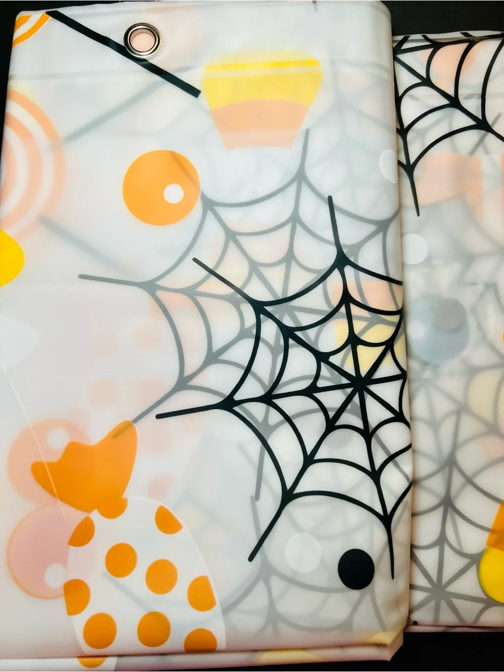 Halloween Peva Shower Curtain Orange Polka Dots Candy Corn Spiderwebs Grommets